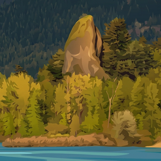 Illustration of the Rooster Rock basalt monolith on the Columbia River